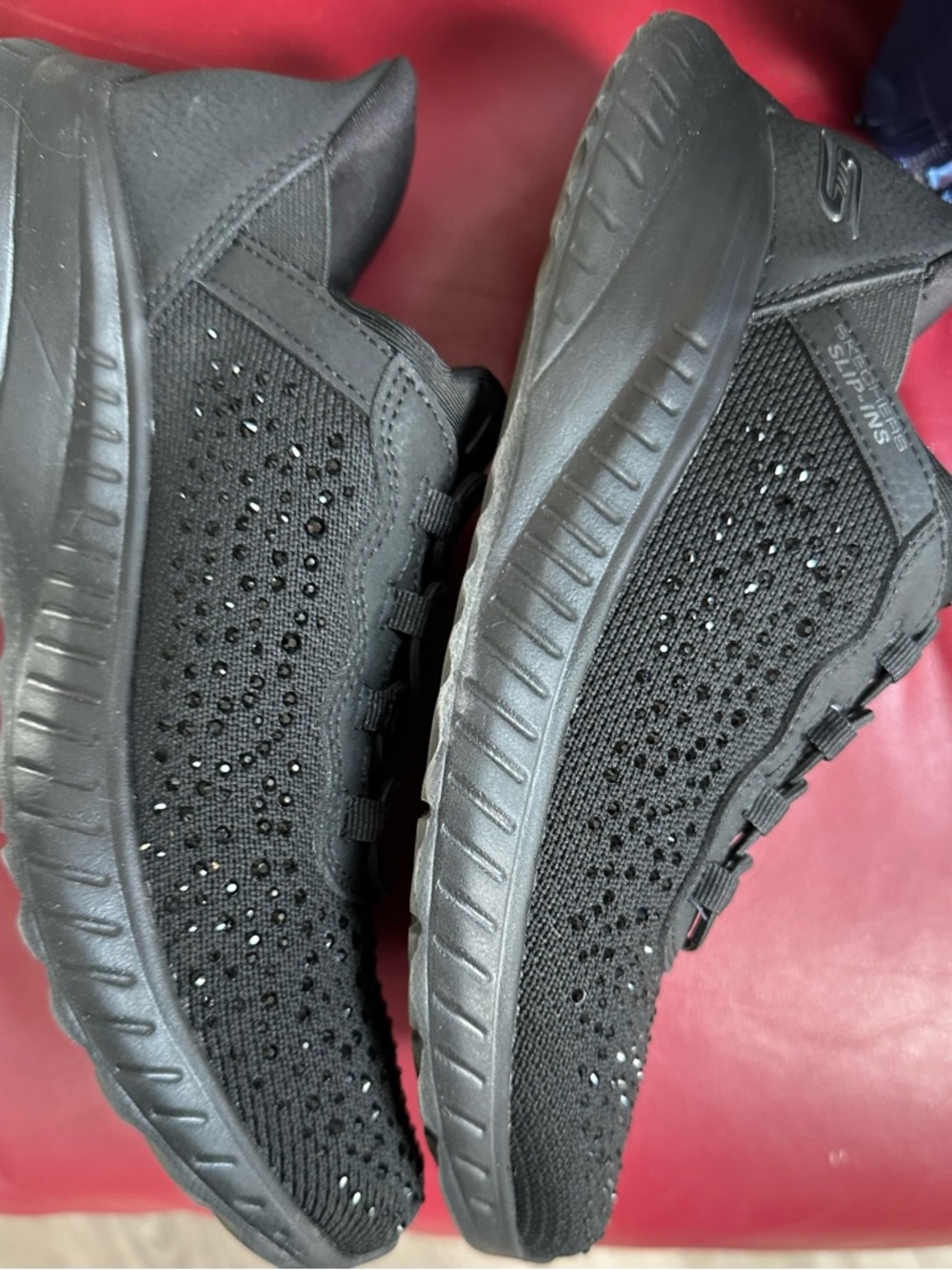 Gently worn Skechers Black Slip-On Comfort Shoe with rhinestones. Size 7.5.